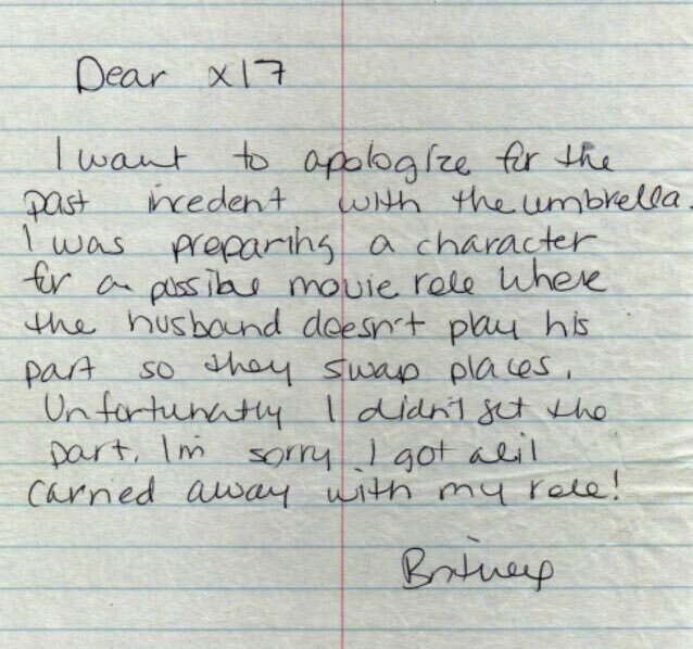 Britney Spears’ handwritten letter apologising for the 2007 umbrella incident.