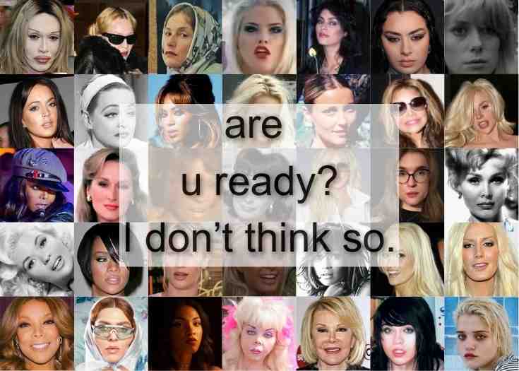 A collage featuring iconic women from various eras and pop culture, overlaid with bold text that reads: ‘are u ready? I don’t think so.’ The design embodies a provocative and cryptic aesthetic, setting the tone for the Go Immaterial brand.